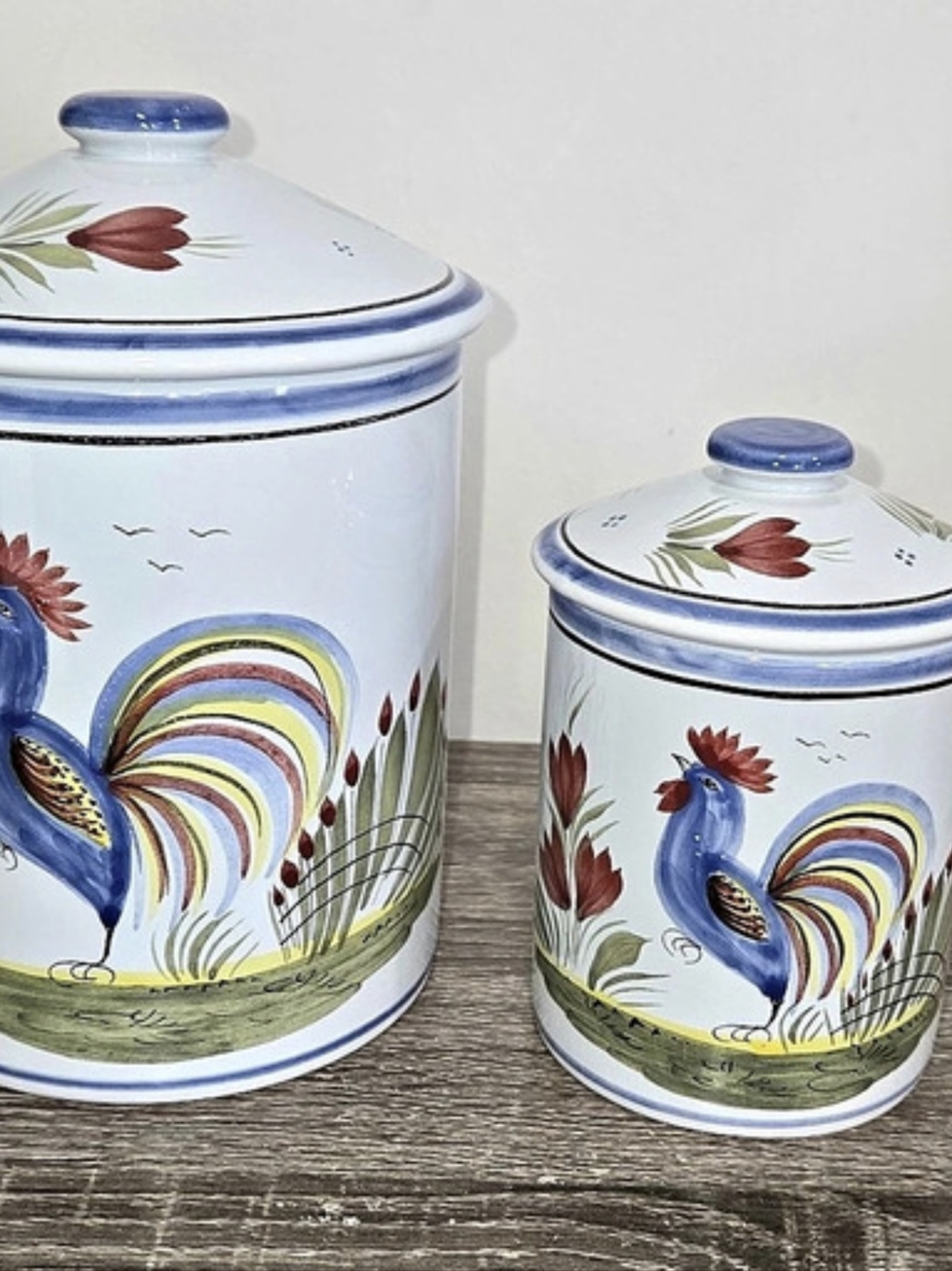 Set of 2 Canisters Large and Small with Lids Le Coq De Campagne By Quimper READ